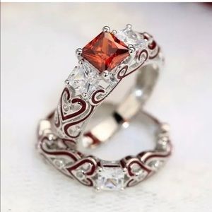 Beautiful Ring Set Red CZ. 925 Silver